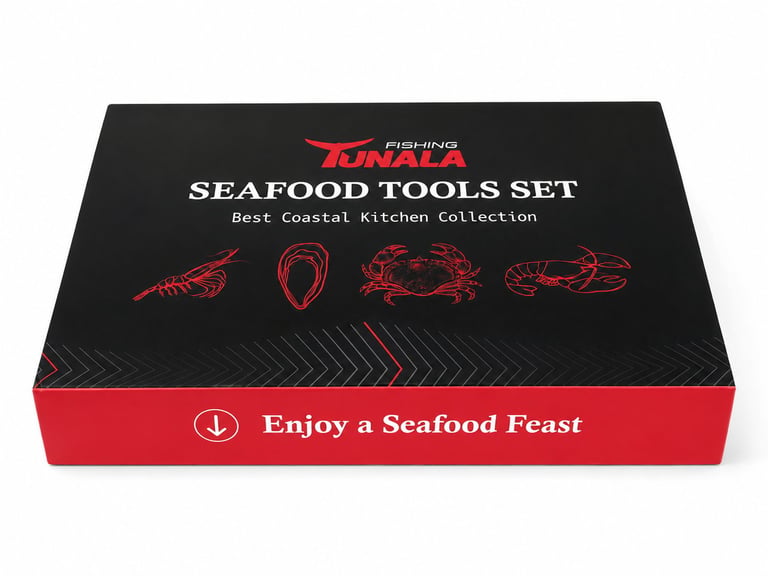 Black and red seafood tools set box featuring shrimp, oyster, crab, and lobster illustrations with Enjoy a Seafood Feast text