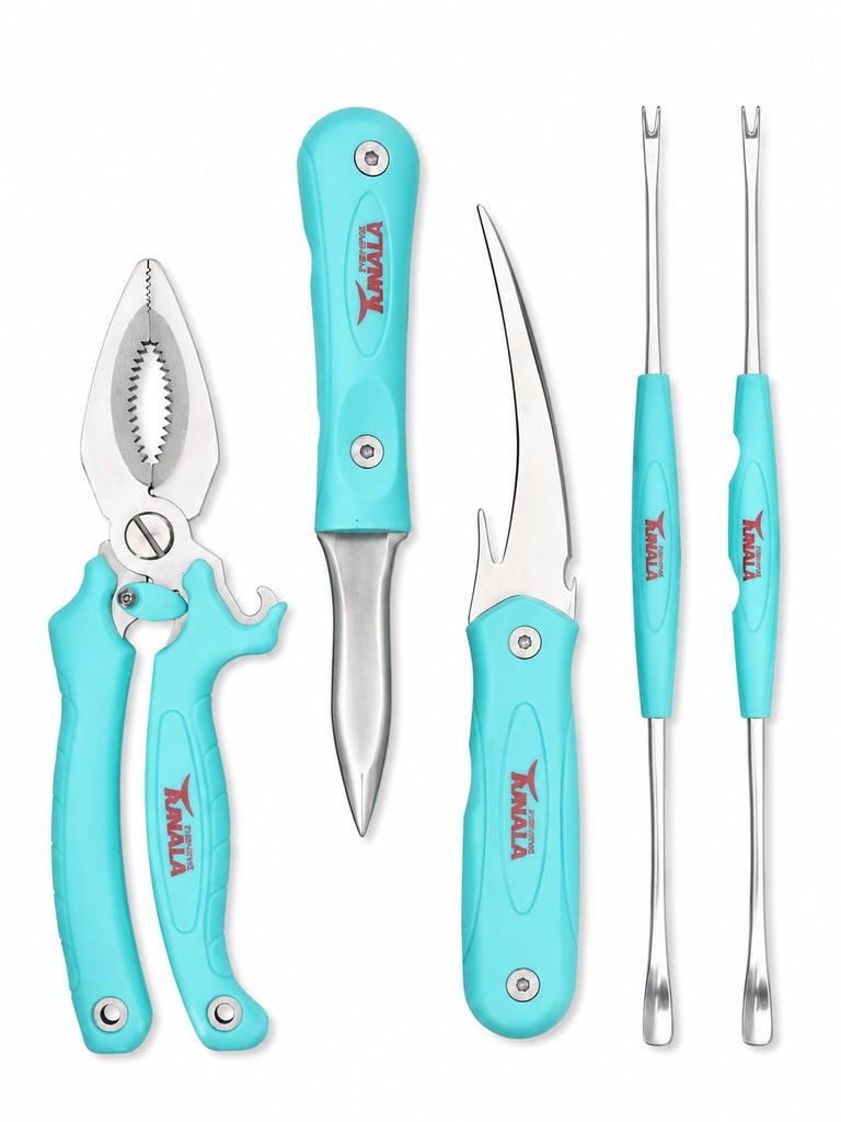 Set of five turquoise kitchen tools including poultry shears, knife, can opener, and two serving forks
