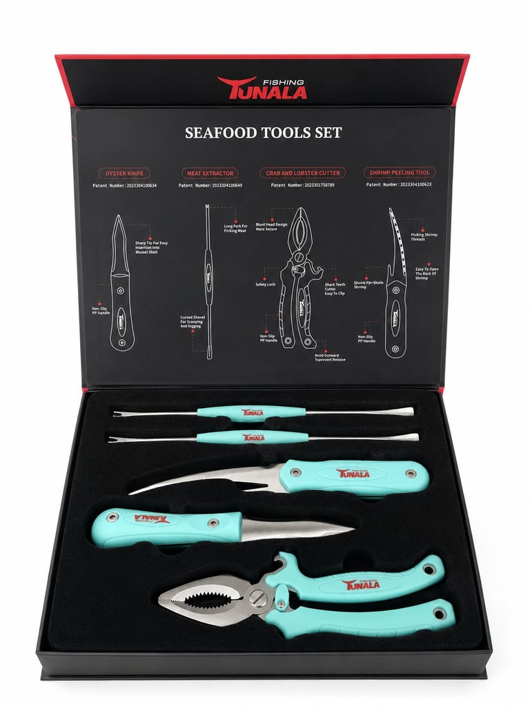 Fishing Tunala seafood tools set with five turquoise-handled tools including knife, forks, and shears in black display box